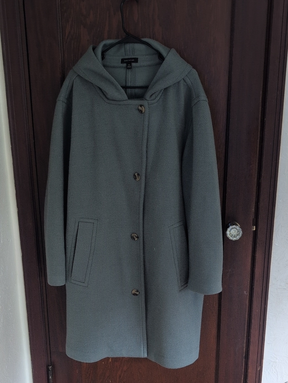Ann Taylor Hooded Pea Coat in Sage Green Wool Blend Thick Winter